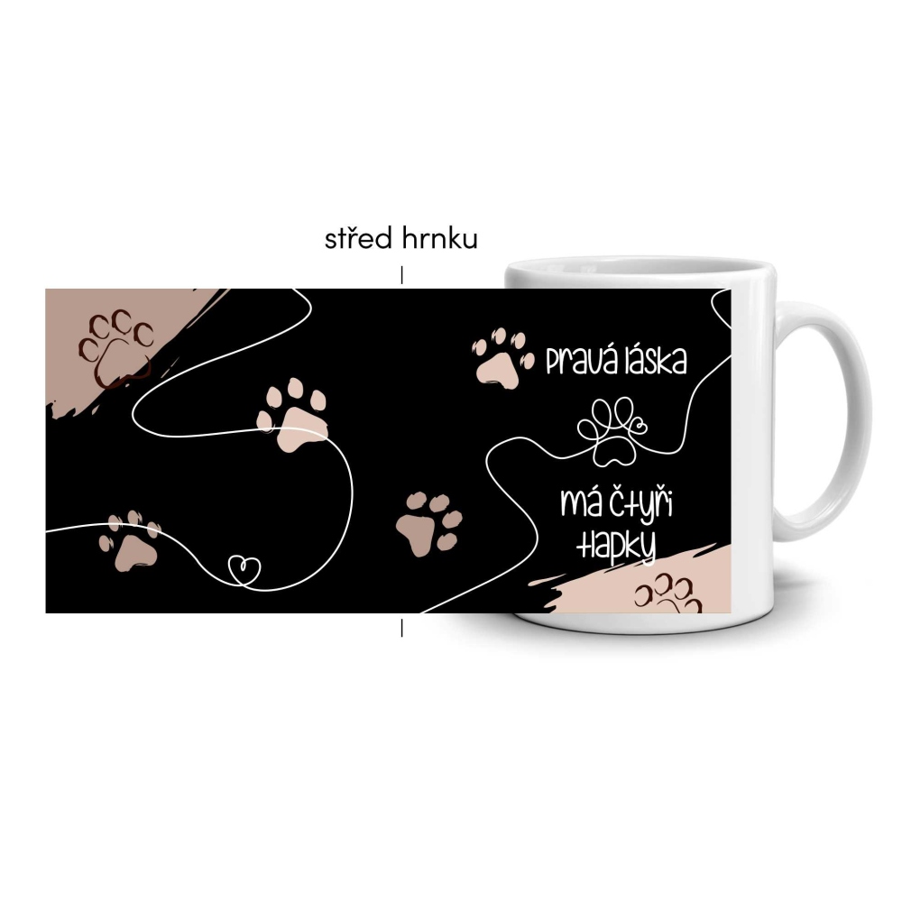 Bílý keramický hrnek 330ml s obrázkem - láska má čtyři tlapky (tmavý motiv)