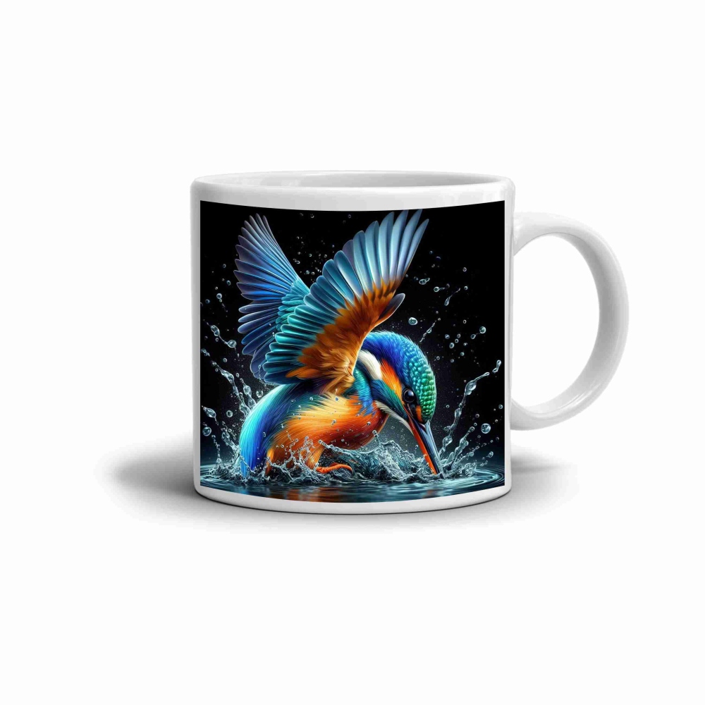 Bílý keramický hrnek 330ml s obrázkem - ledňáček nad vodou