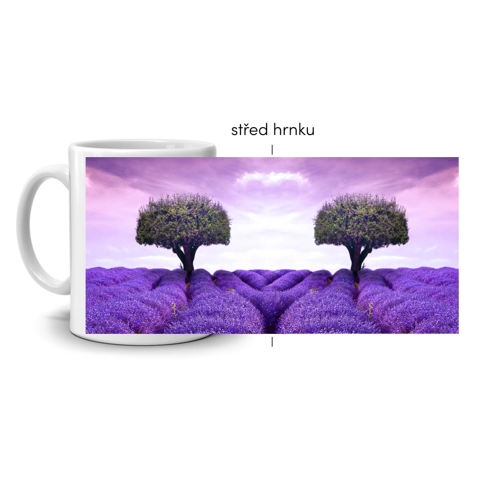 Bílý keramický hrnek 330ml s obrázkem - levandulová louka