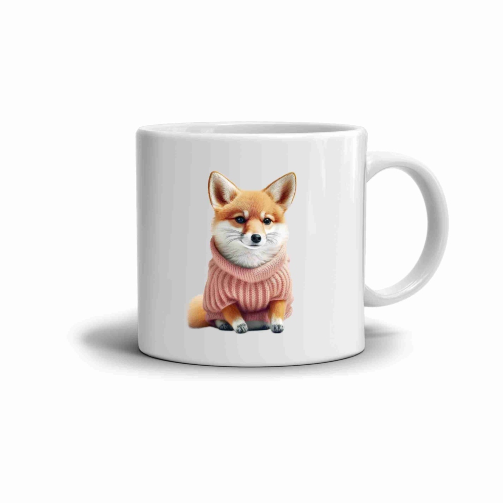 Bílý keramický hrnek 330ml s obrázkem - liška ve svetru