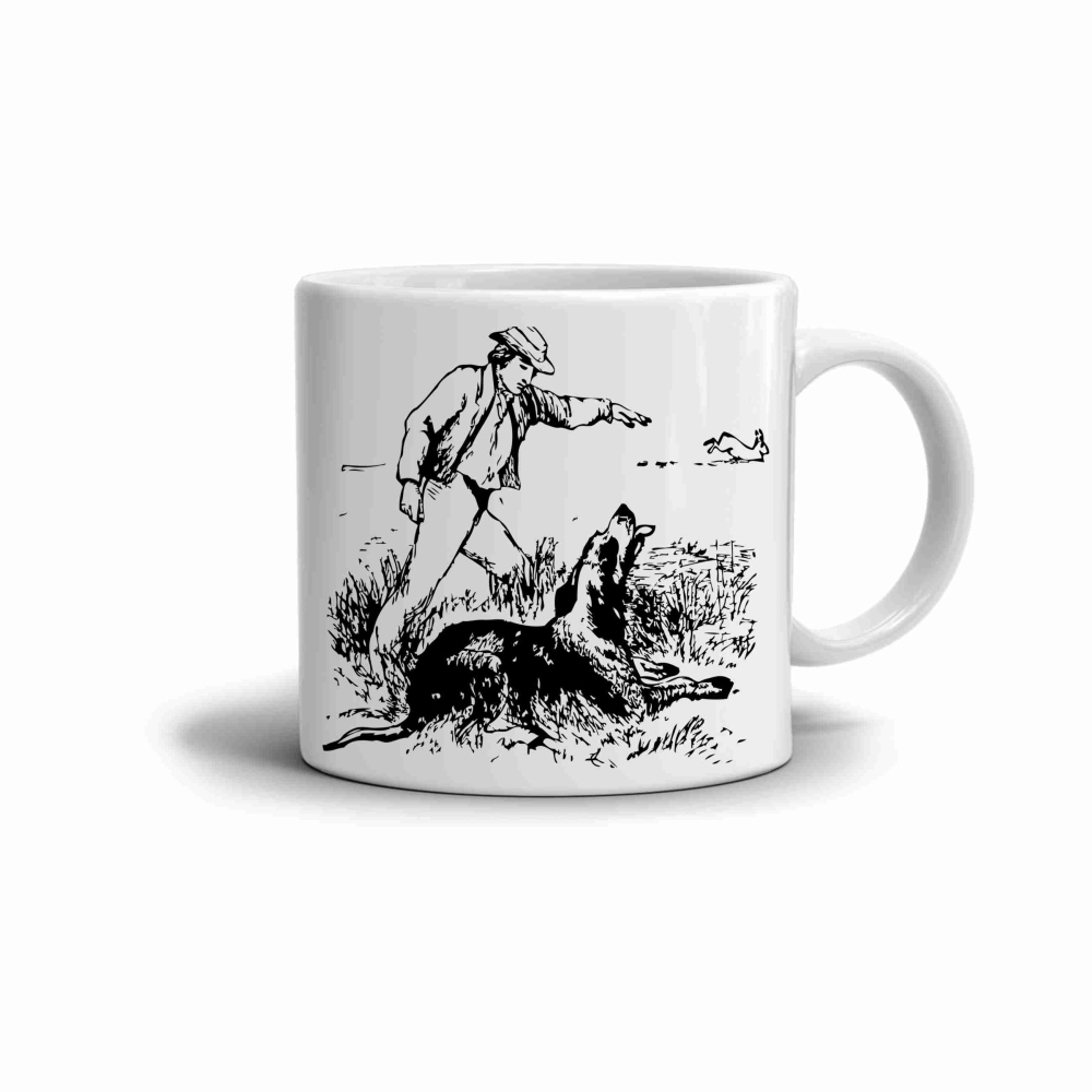 Bílý keramický hrnek 330ml s obrázkem - lovec a pes