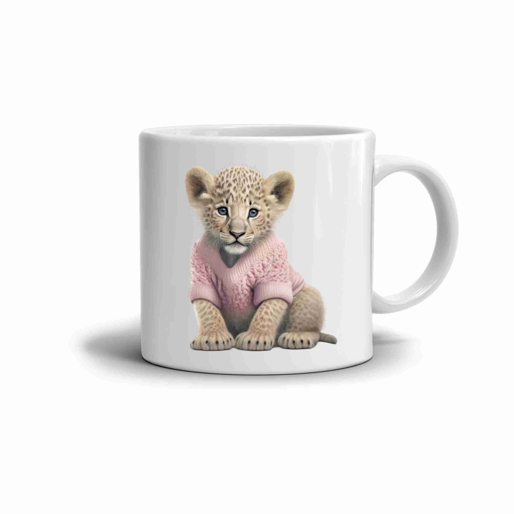 Bílý keramický hrnek 330ml s obrázkem - lvíče ve svetru