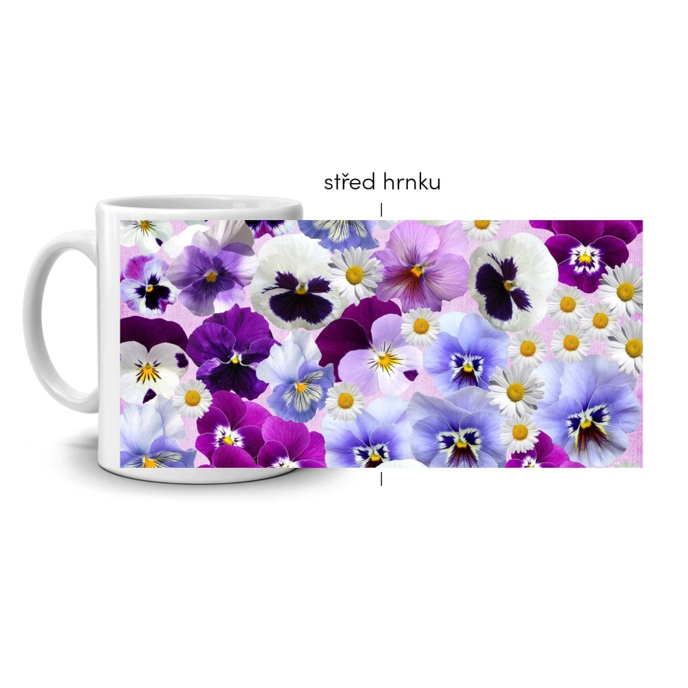 Bílý keramický hrnek 330ml s obrázkem - macešky a sedmikrásky