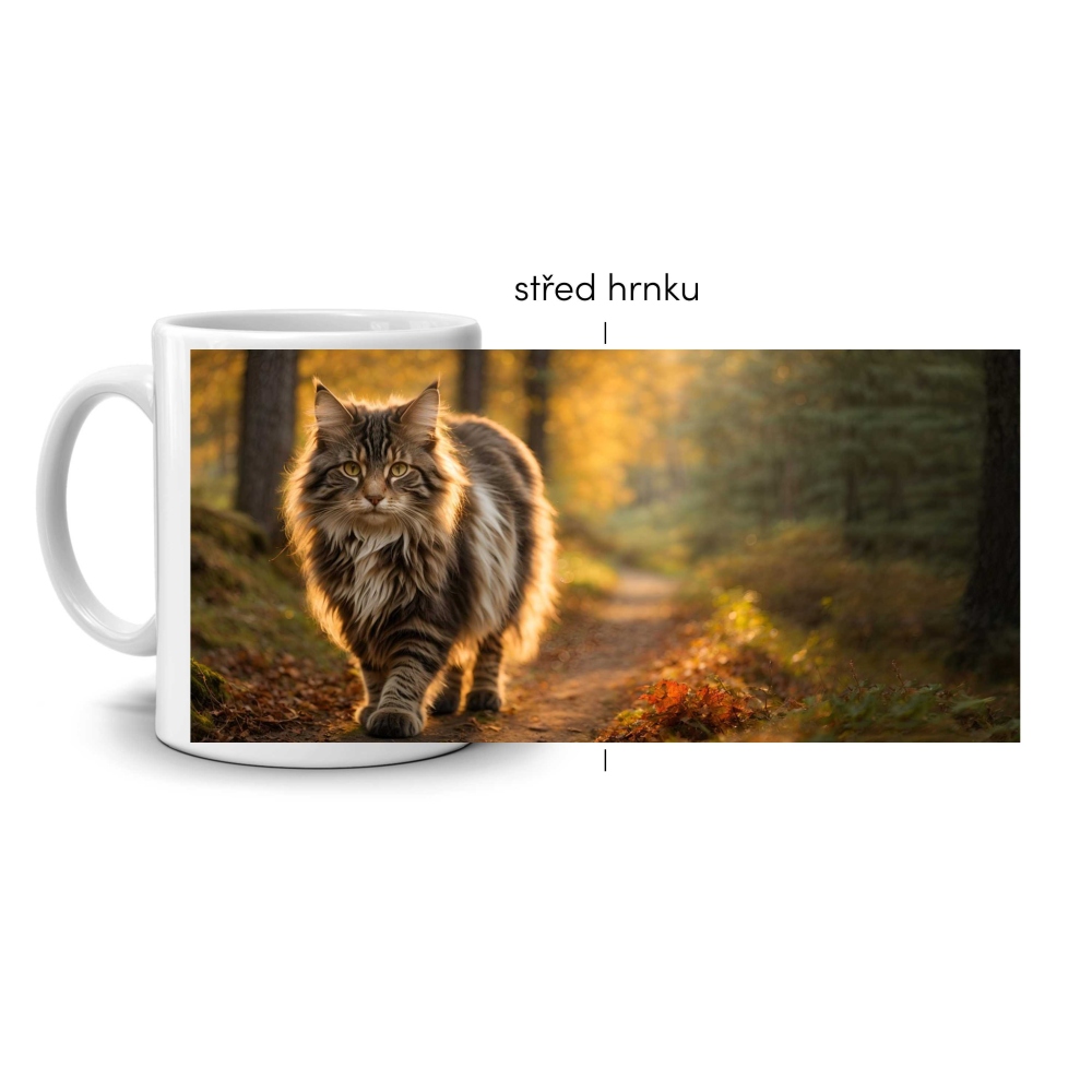 Bílý keramický hrnek 330ml s obrázkem - majestátní mainská mývalí kočka