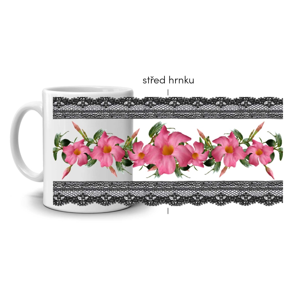 Bílý keramický hrnek 330ml s obrázkem - mandevila v krajce