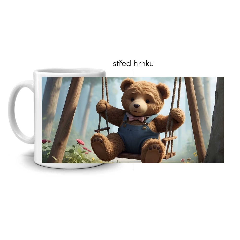 Bílý keramický hrnek 330ml s obrázkem - medvídek na houpačce