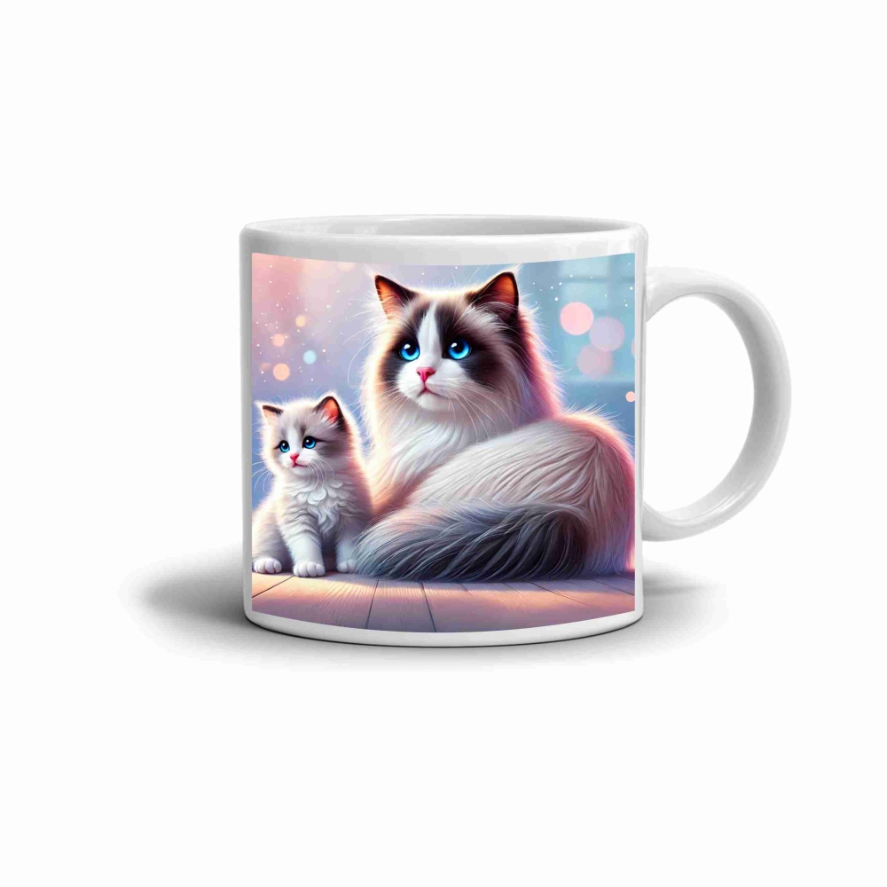 Bílý keramický hrnek 330ml s obrázkem - modrooké kočičí duo