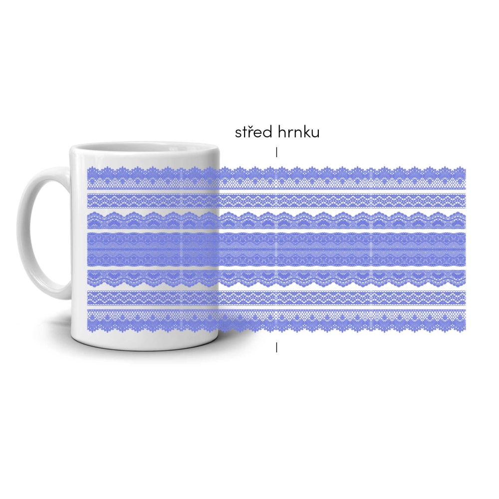 Bílý keramický hrnek 330ml s obrázkem - modrý krajkový vzor