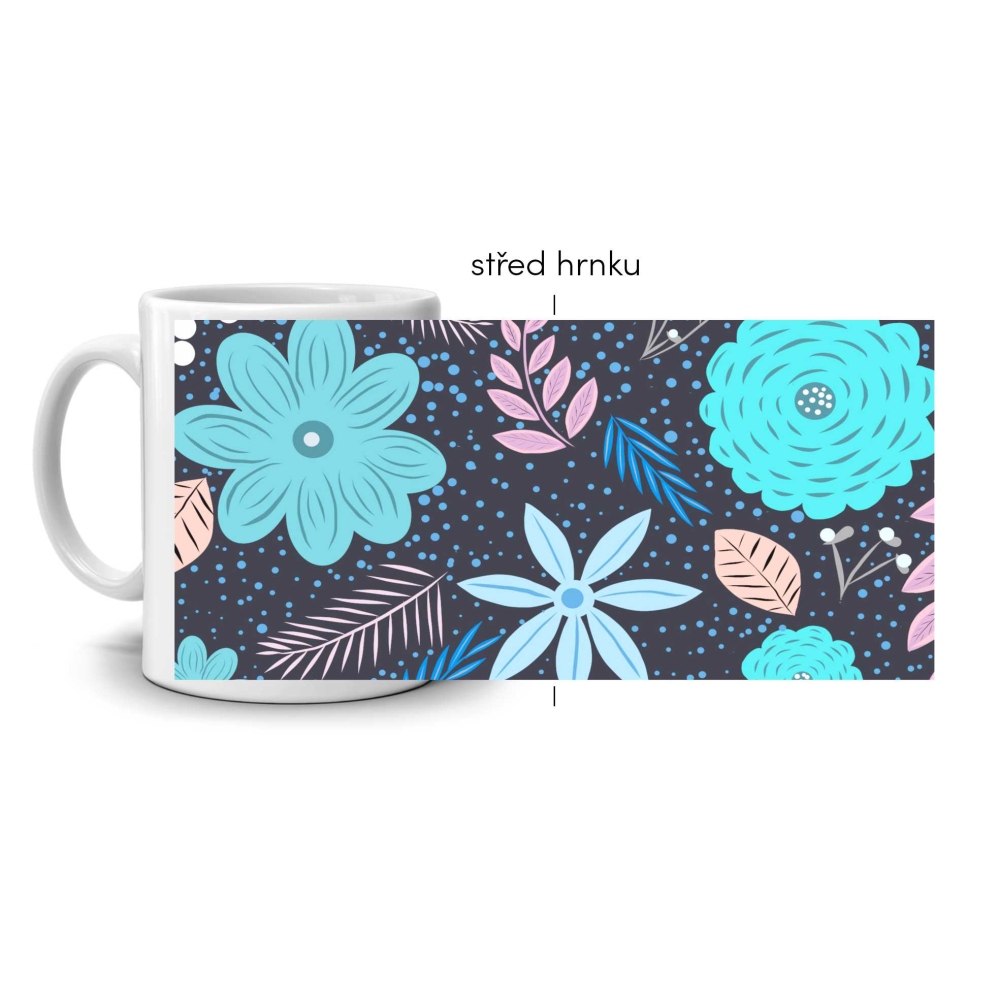 Bílý keramický hrnek 330ml s obrázkem - modrý květinový potisk