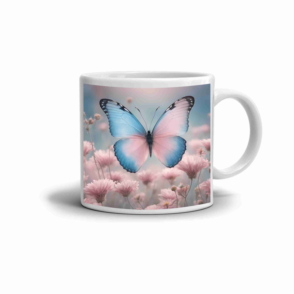 Bílý keramický hrnek 330ml s obrázkem - motýlí jemnost