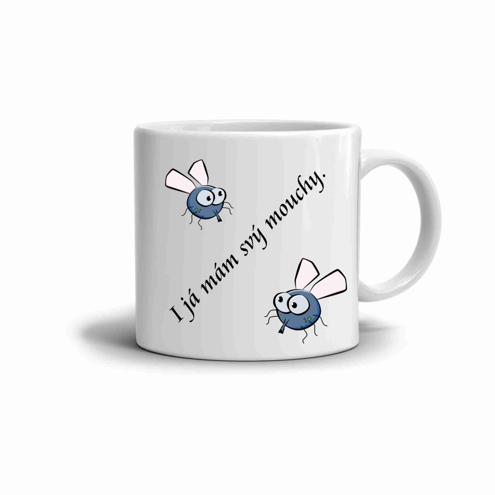 Bílý keramický hrnek 330ml s obrázkem - mouchy