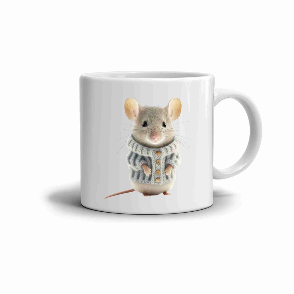 Bílý keramický hrnek 330ml s obrázkem - myš ve svetru