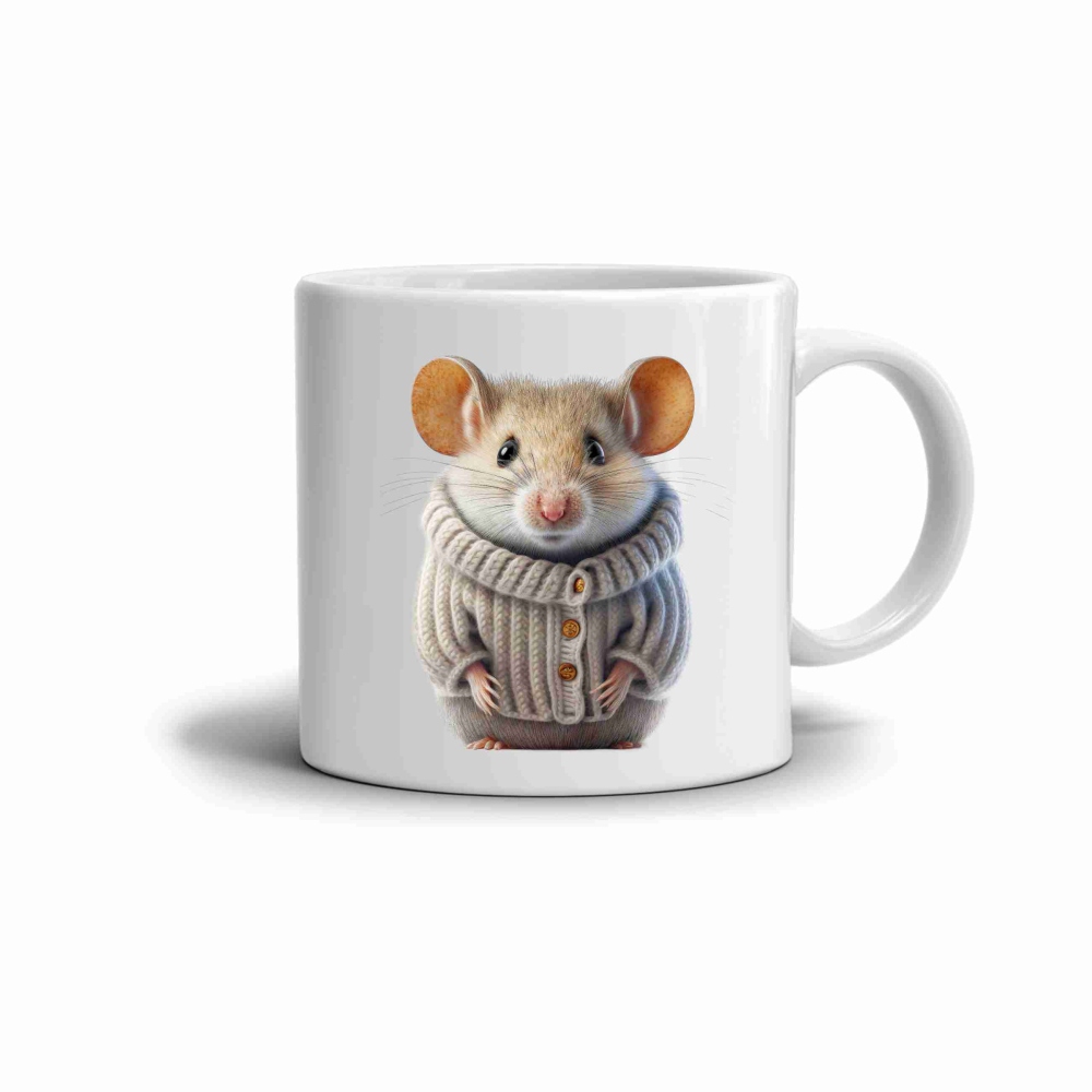 Bílý keramický hrnek 330ml s obrázkem - myšák ve svetru