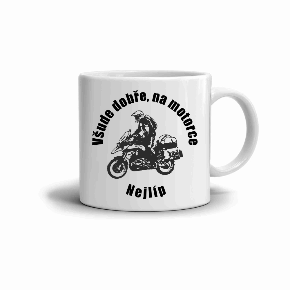Bílý keramický hrnek 330ml s obrázkem - na motorce nejlíp