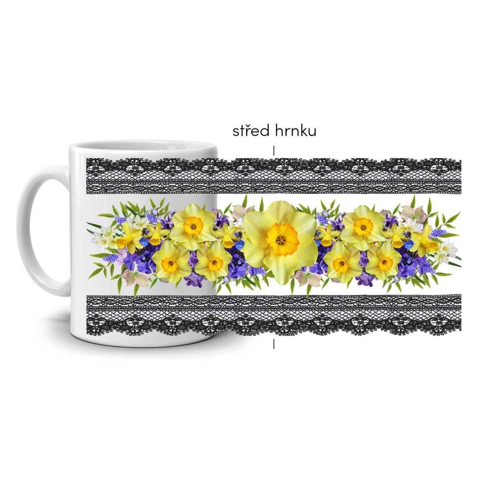 Bílý keramický hrnek 330ml s obrázkem - narcisy v krajce
