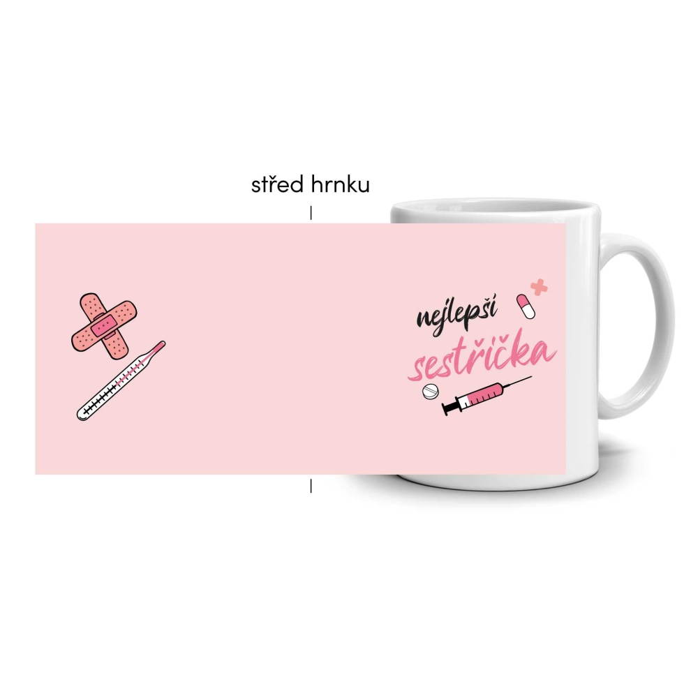 Bílý keramický hrnek 330ml s obrázkem - nejlepší sestřička (růžový motiv)