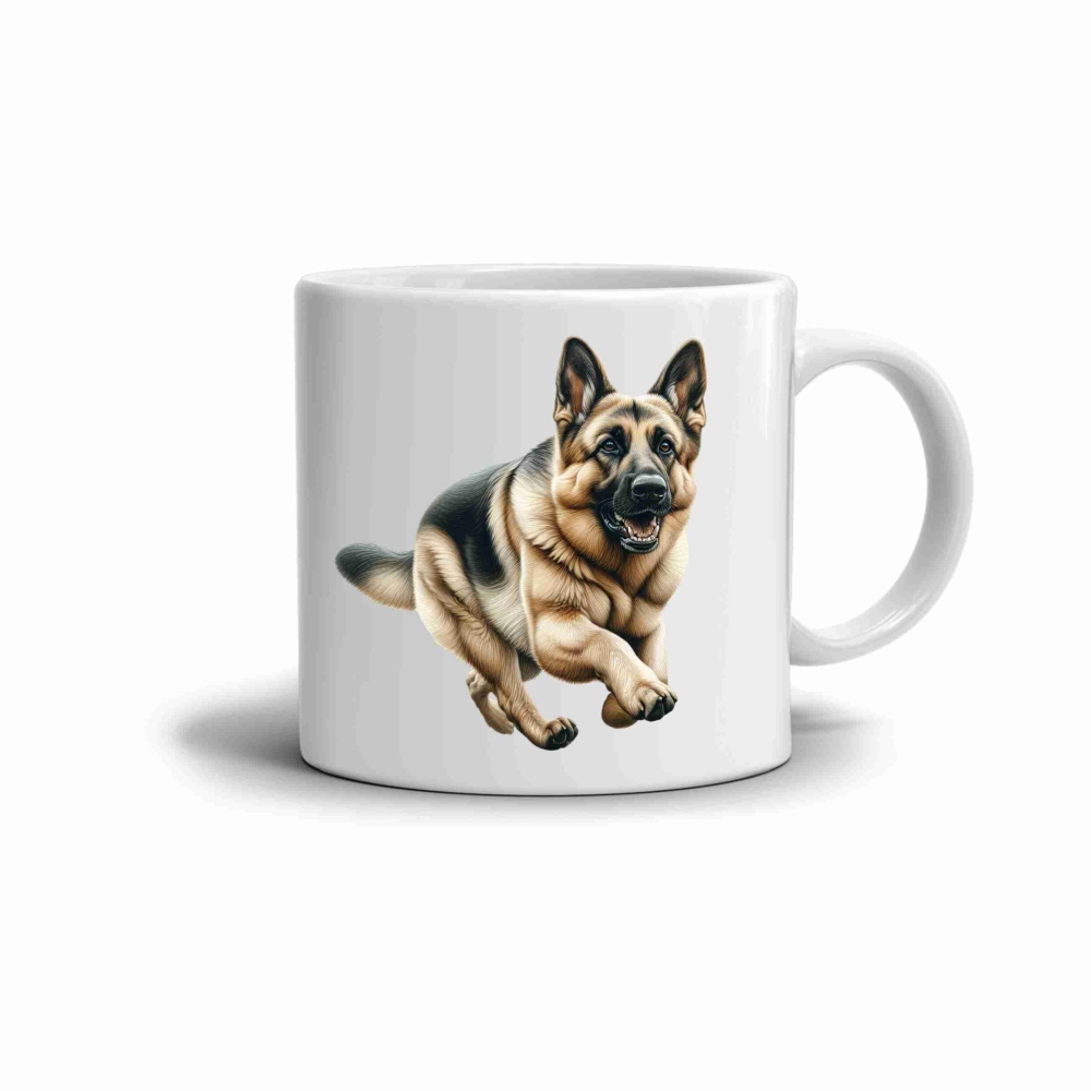 Bílý keramický hrnek 330ml s obrázkem - německý ovčák v pohybu