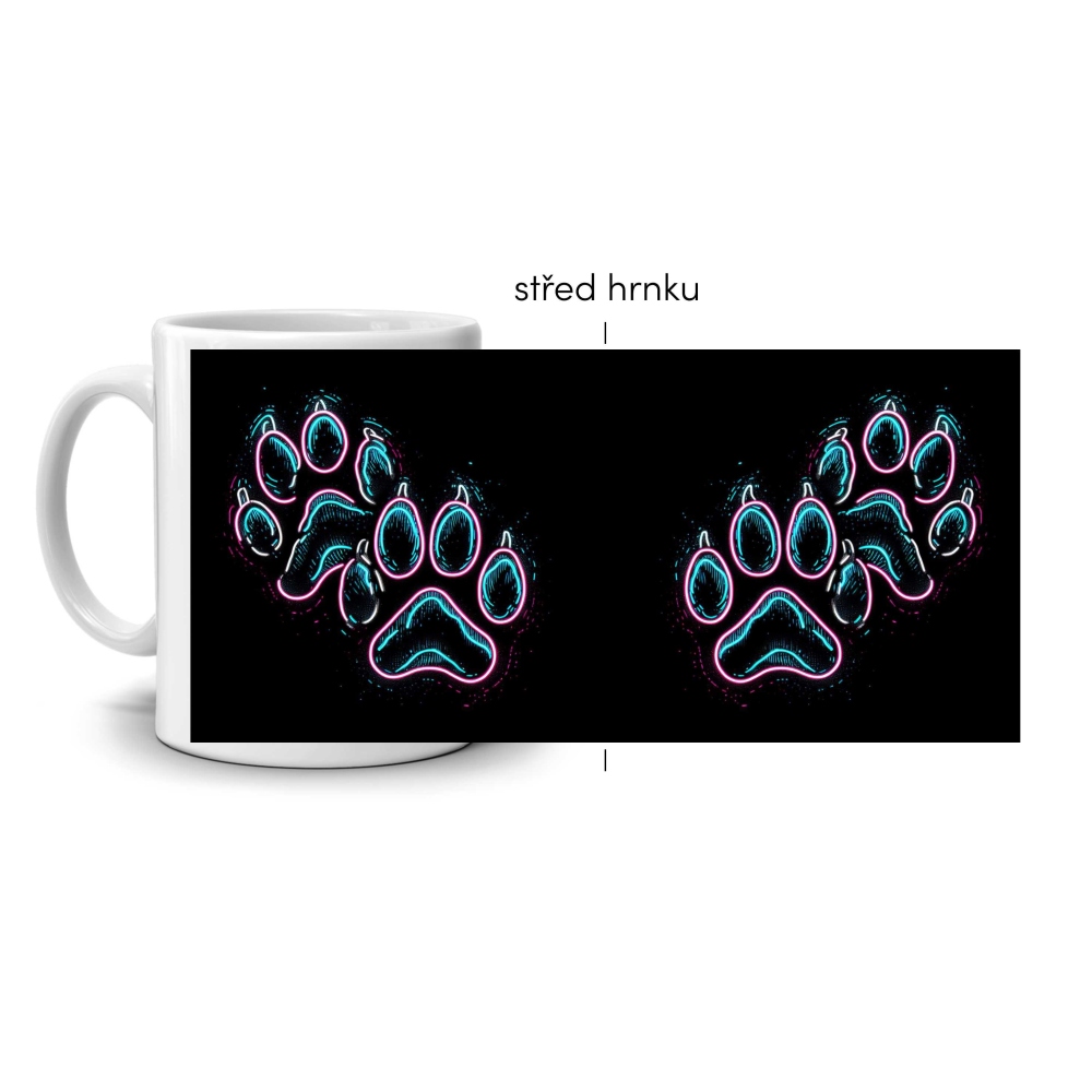 Bílý keramický hrnek 330ml s obrázkem - neonové psí tlapky