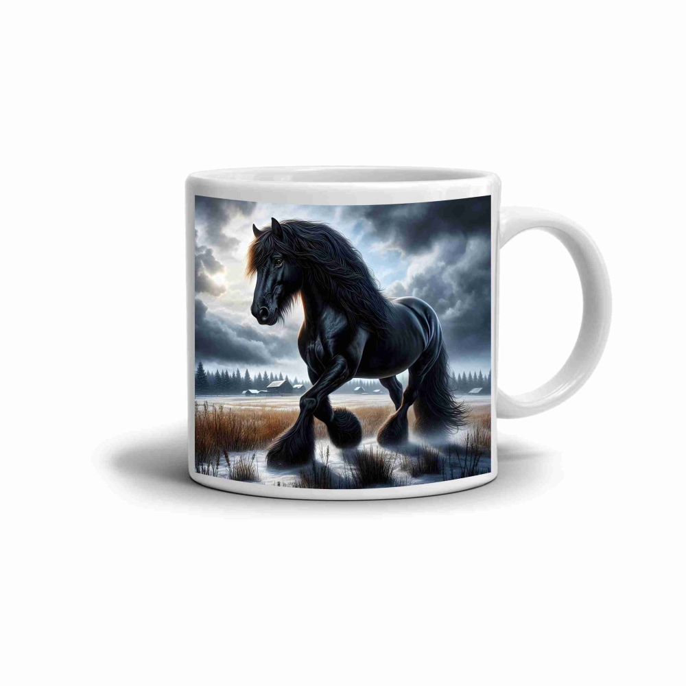 Bílý keramický hrnek 330ml s obrázkem - nespoutaný kůň