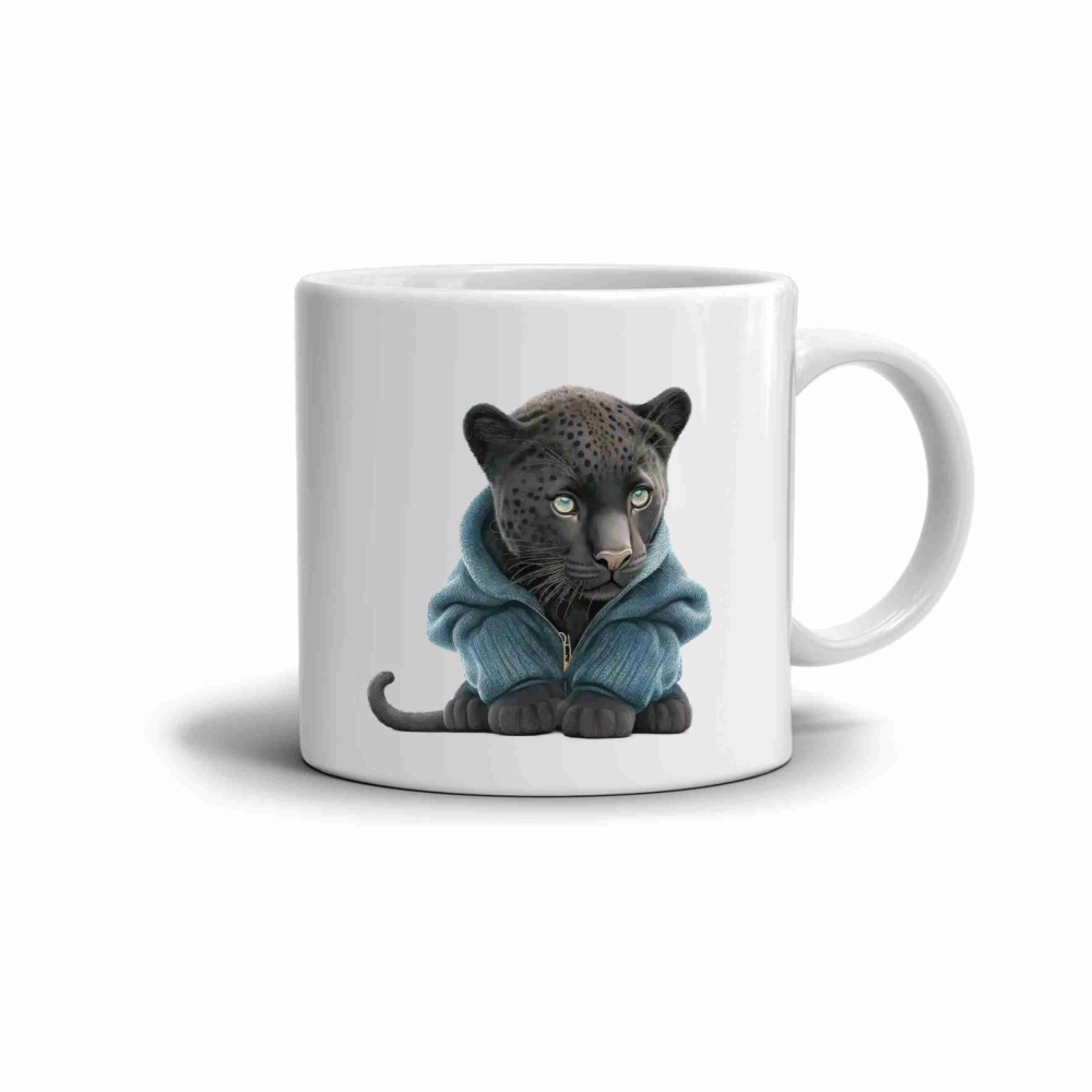 Bílý keramický hrnek 330ml s obrázkem - panter v mikině