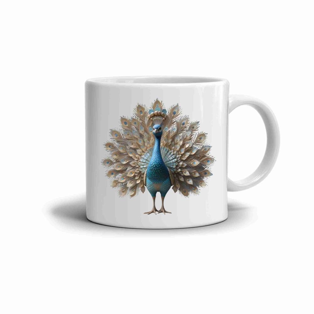 Bílý keramický hrnek 330ml s obrázkem - páv v plné kráse