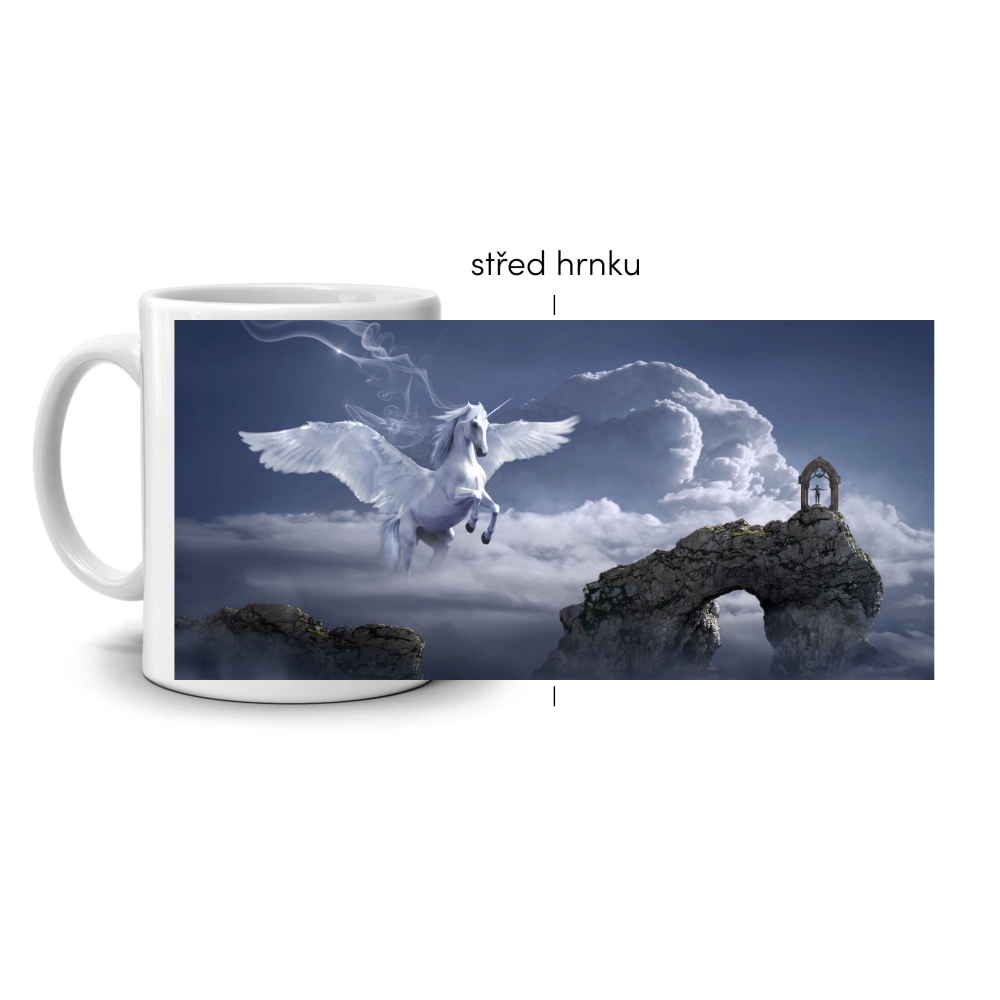 Bílý keramický hrnek 330ml s obrázkem - pegas v nebesích