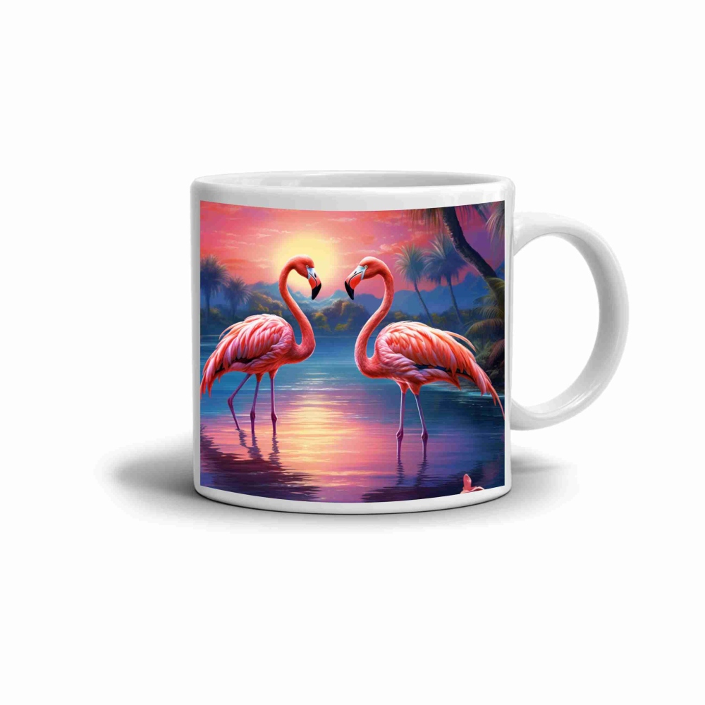 Bílý keramický hrnek 330ml s obrázkem - plameňáci při západu slunce