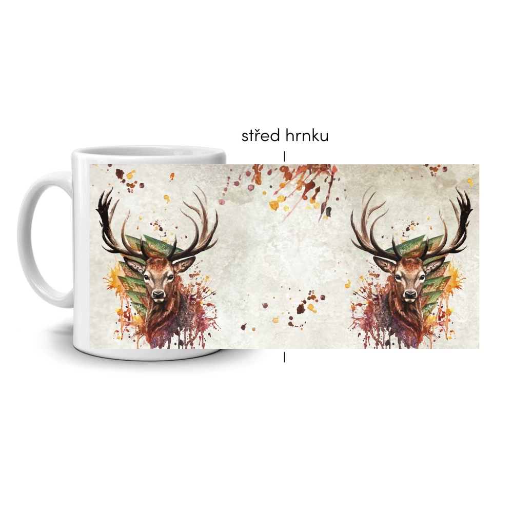 Bílý keramický hrnek 330ml s obrázkem - podzimní jelen