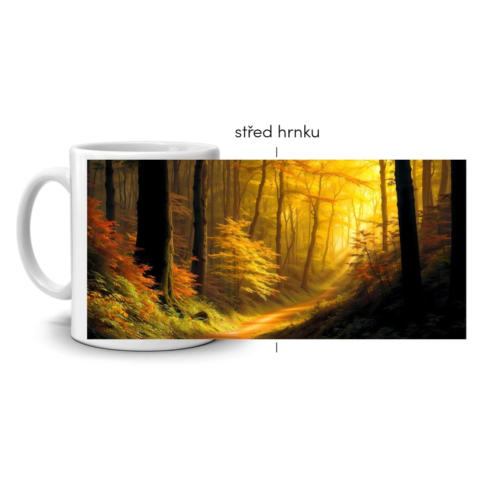 Bílý keramický hrnek 330ml s obrázkem - podzimní les