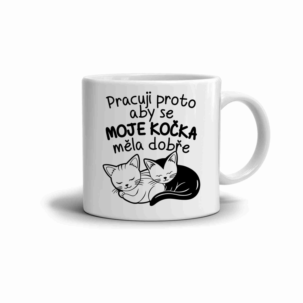 Bílý keramický hrnek 330ml s obrázkem - pracuji pro moji kočku