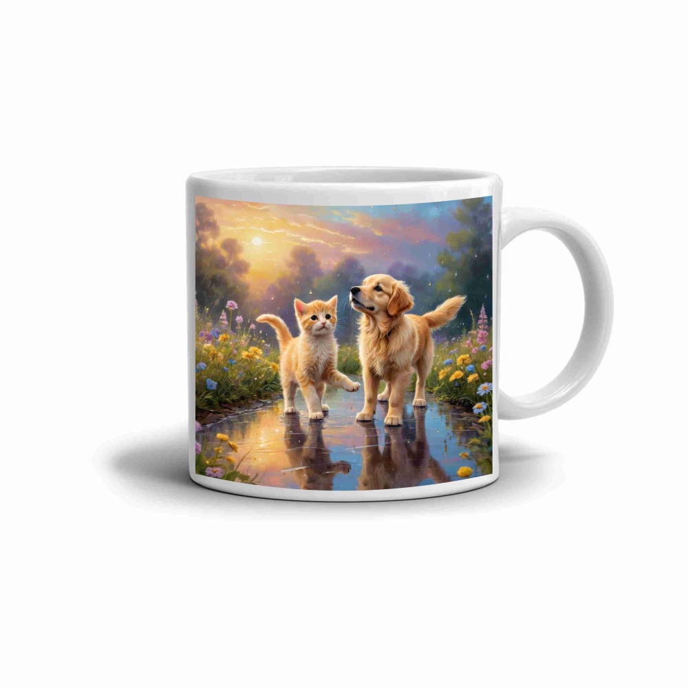 Bílý keramický hrnek 330ml s obrázkem - přátelství na louce