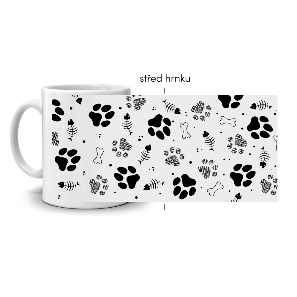Bílý keramický hrnek 330ml s obrázkem - psí tlapky (světlý motiv)
