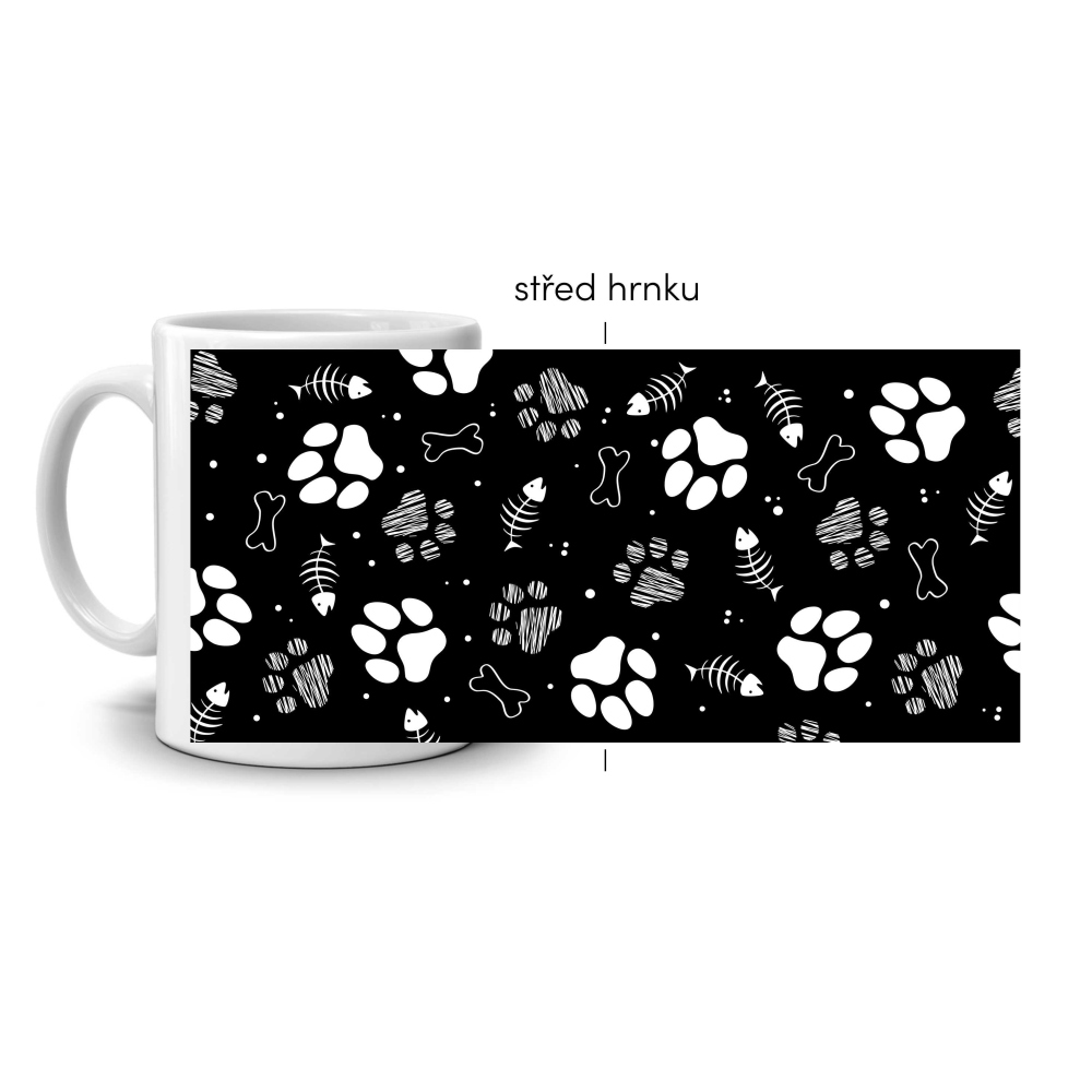 Bílý keramický hrnek 330ml s obrázkem - psí tlapky (tmavý motiv)