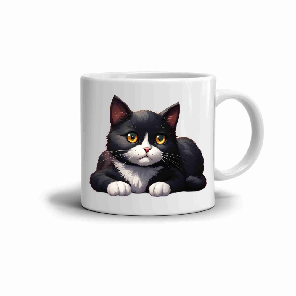 Bílý keramický hrnek 330ml s obrázkem - roztomilá černobílá kočka