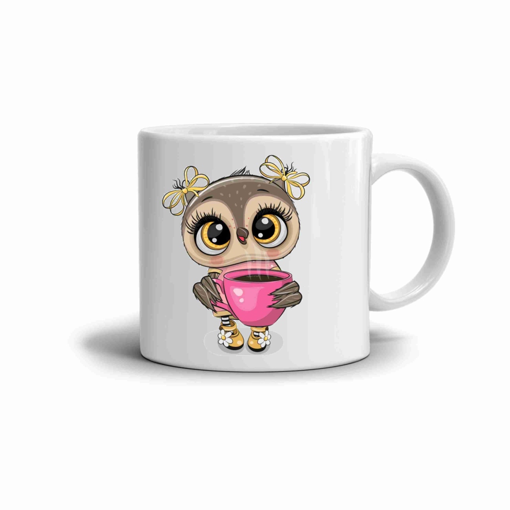 Bílý keramický hrnek 330ml s obrázkem - roztomilá sovička