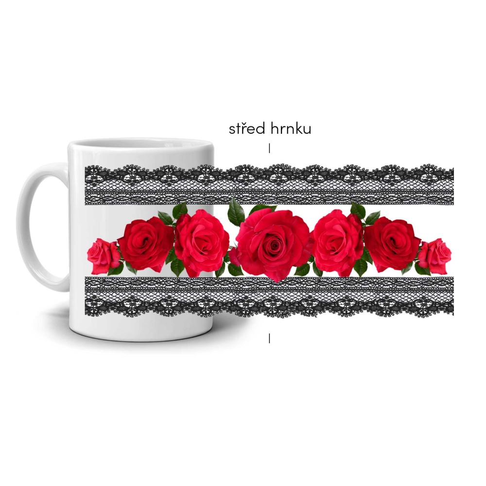 Bílý keramický hrnek 330ml s obrázkem - růže v krajce