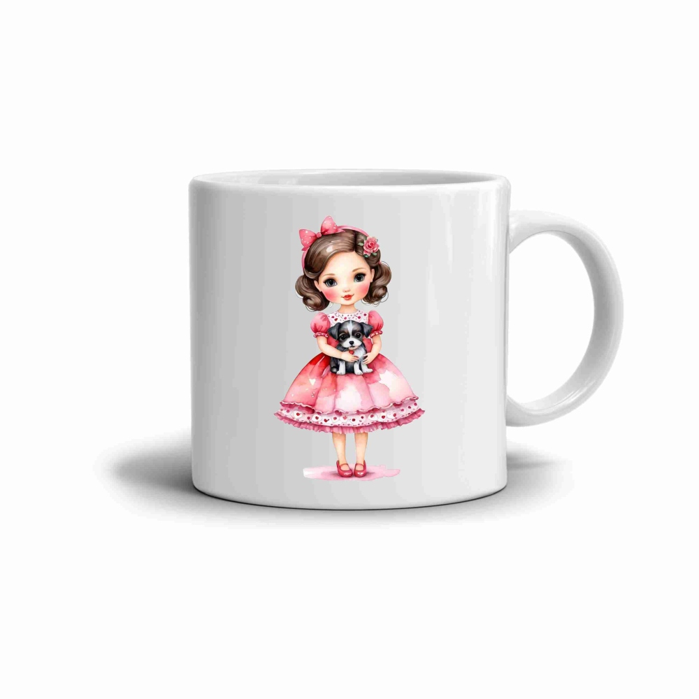 Bílý keramický hrnek 330ml s obrázkem - růžová dívka s pejskem