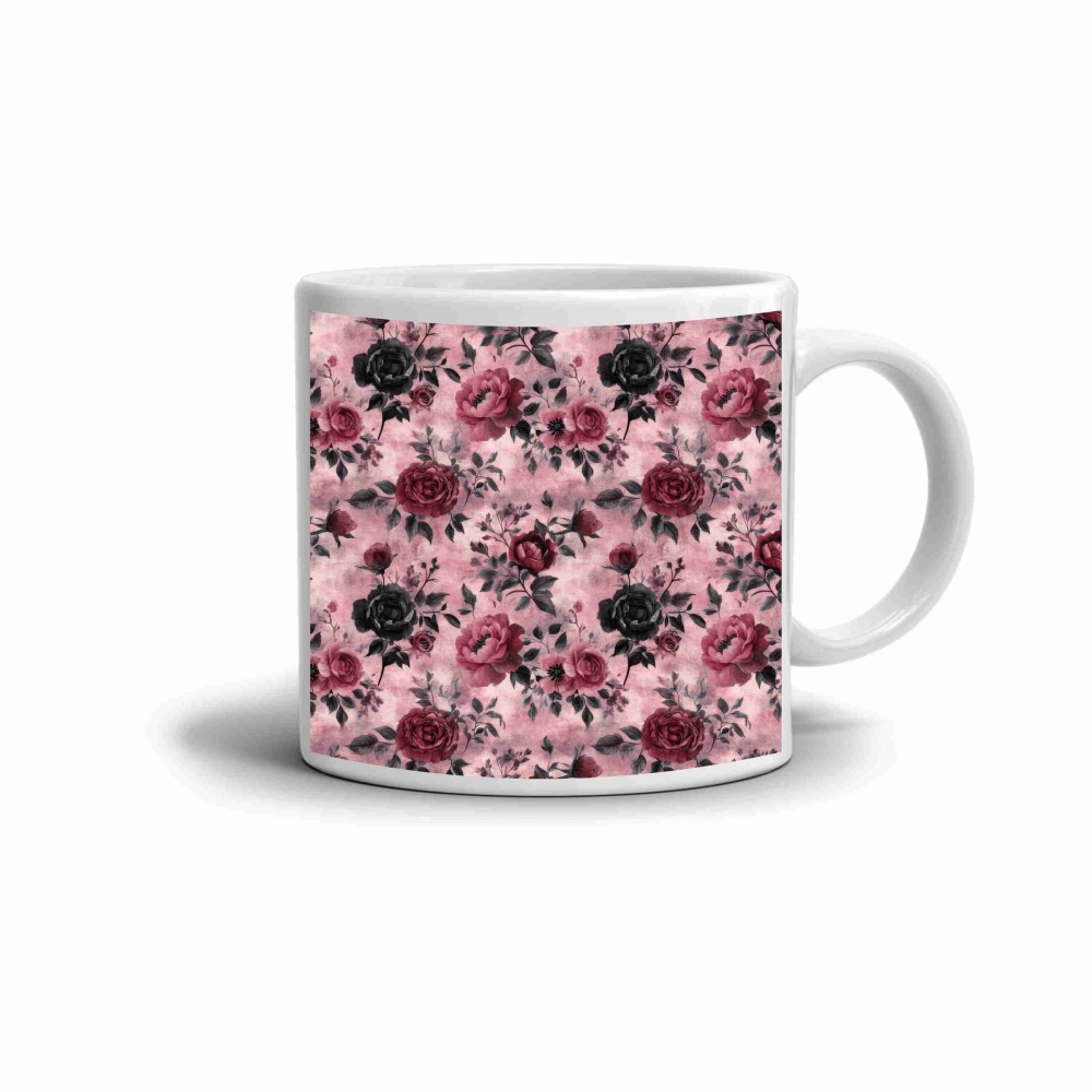 Bílý keramický hrnek 330ml s obrázkem - růžová elegance