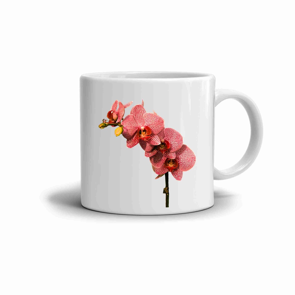 Bílý keramický hrnek 330ml s obrázkem - růžová orchidej