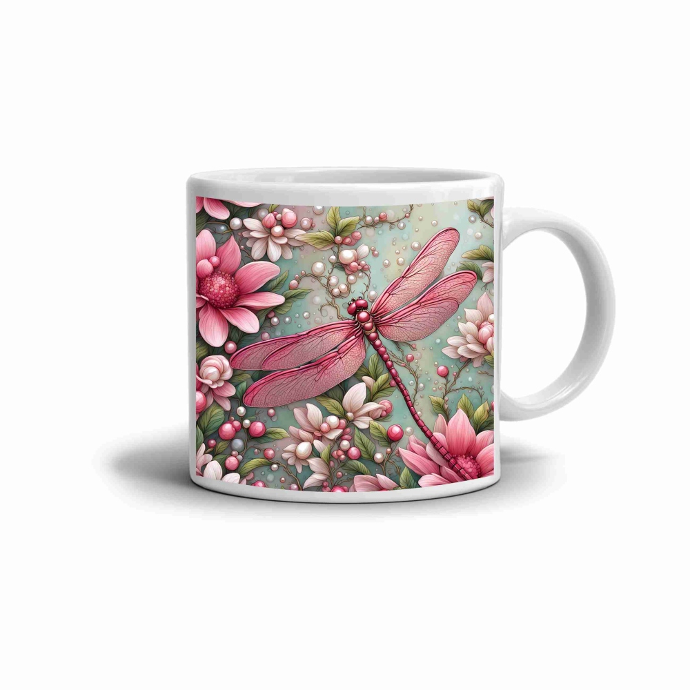 Bílý keramický hrnek 330ml s obrázkem - růžová vážka