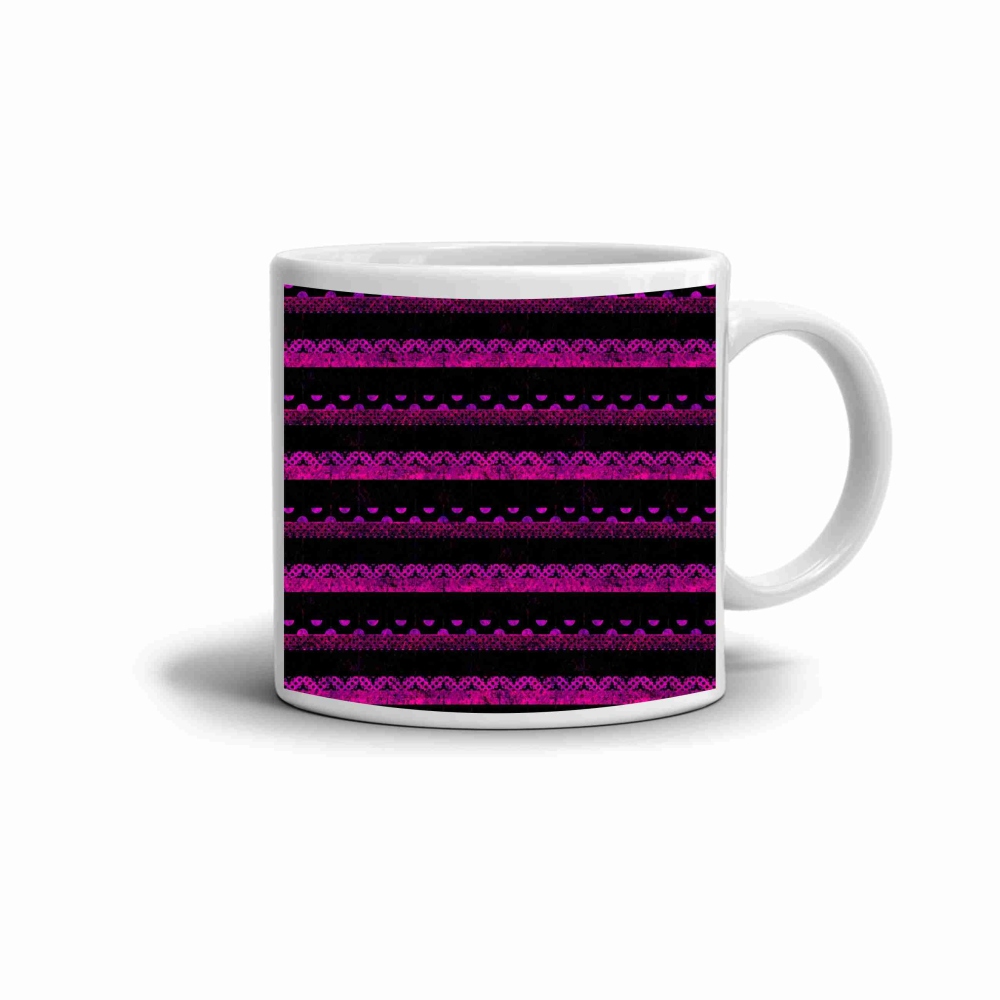 Bílý keramický hrnek 330ml s obrázkem - růžovočerné pruhy