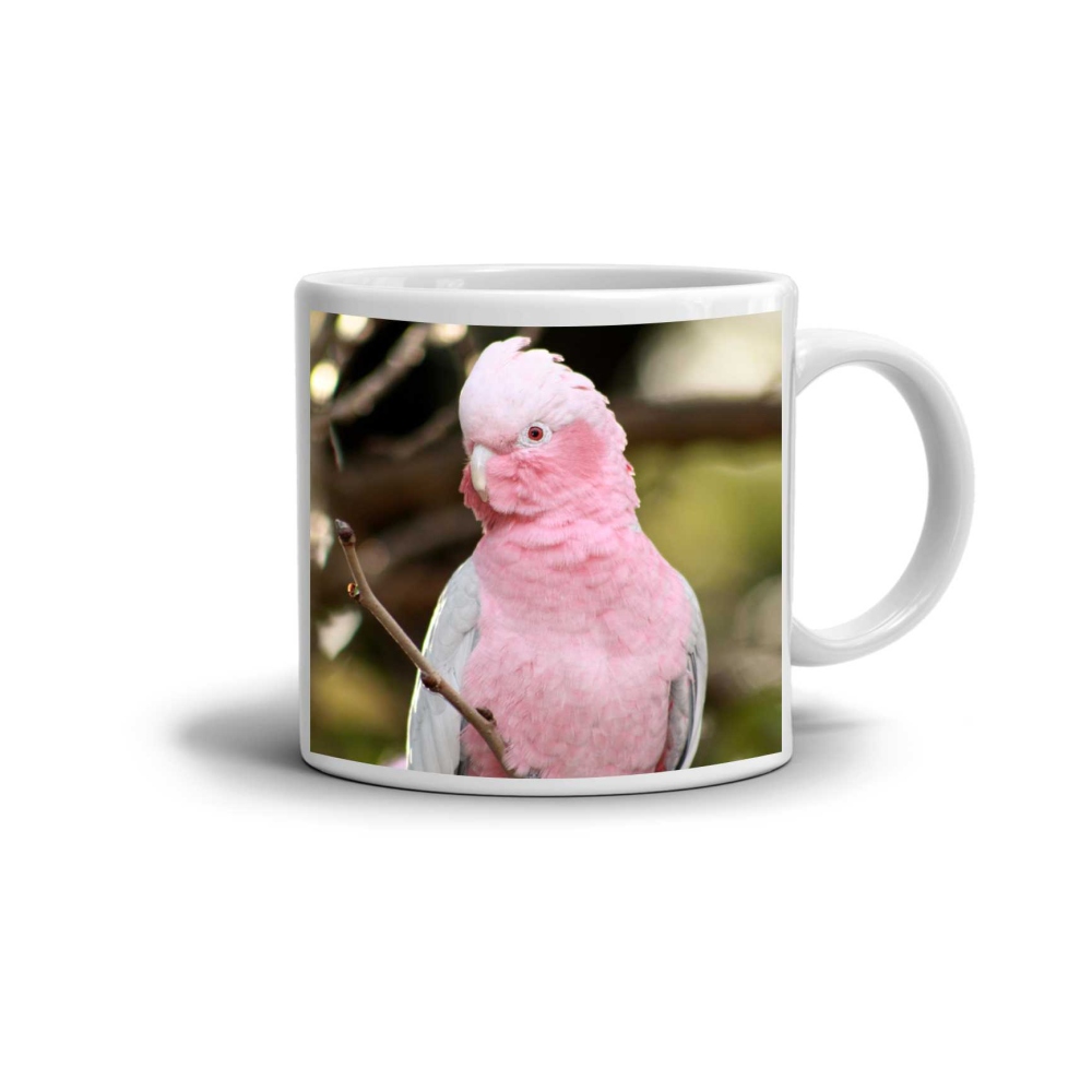 Bílý keramický hrnek 330ml s obrázkem - růžový kakadu