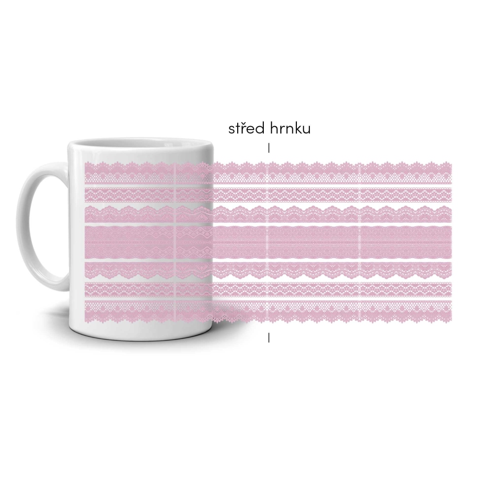 Bílý keramický hrnek 330ml s obrázkem - růžový krajkový vzor
