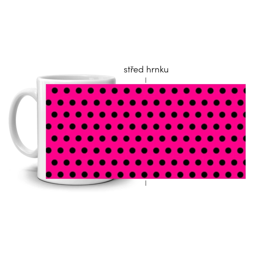 Bílý keramický hrnek 330ml s obrázkem - růžový s černými puntíky