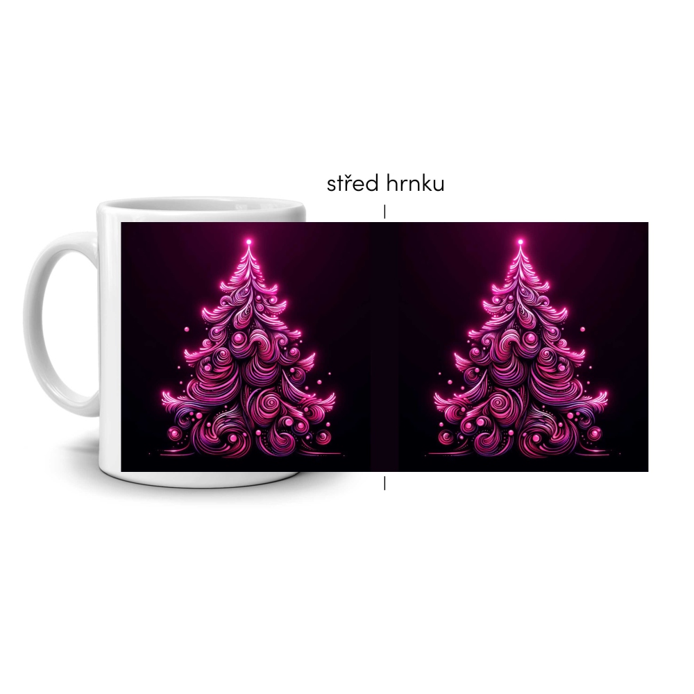 Bílý keramický hrnek 330ml s obrázkem - růžový svítící stromeček