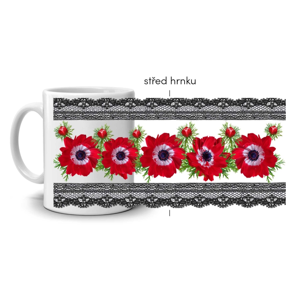 Bílý keramický hrnek 330ml s obrázkem - sasanky v krajce