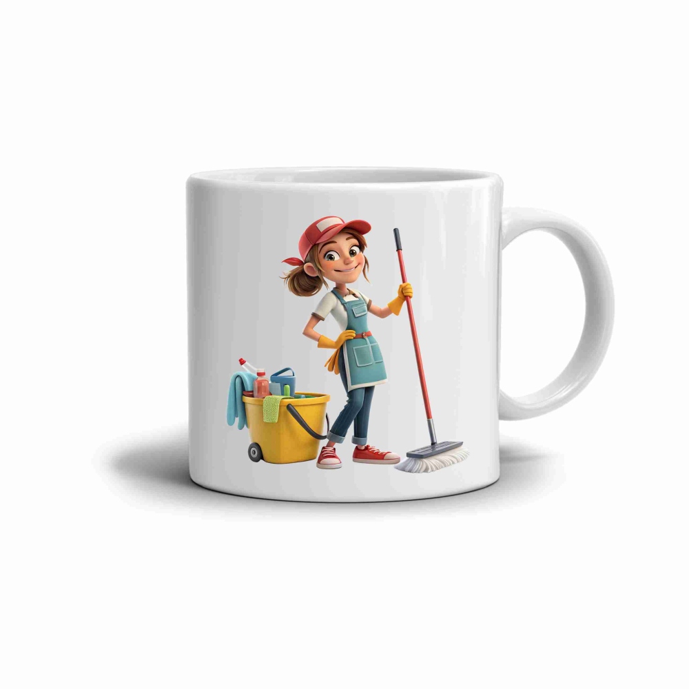 Bílý keramický hrnek 330ml s obrázkem - šikovná uklízečka