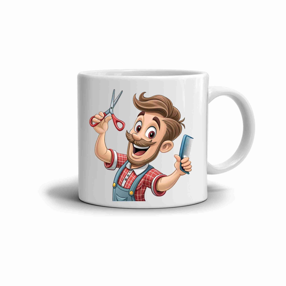 Bílý keramický hrnek 330ml s obrázkem - šikovný kadeřník