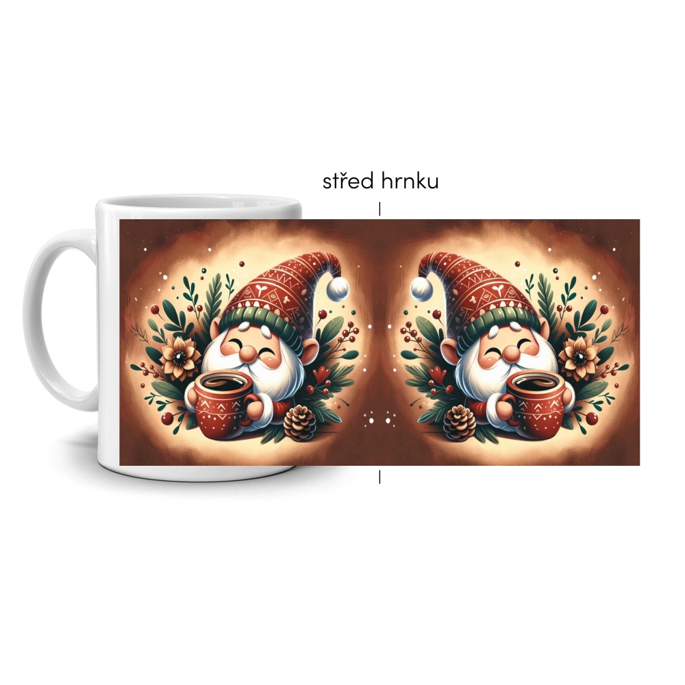 Bílý keramický hrnek 330ml s obrázkem - skřítek s horkým nápojem