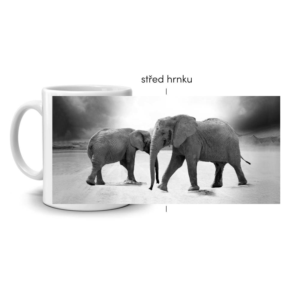 Bílý keramický hrnek 330ml s obrázkem - sloní setkání
